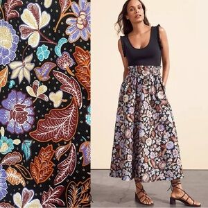 Ann Taylor Batik Black Tie Waist Pull On Printed Maxi Skirt Medium Resortwear